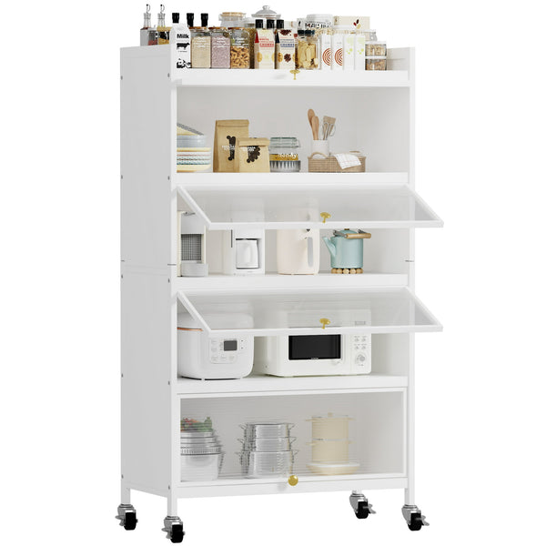 AKIUDEX 5 Tier Pantry Storage Cabinet Baker Racks with 4 Flip-up Doors, White