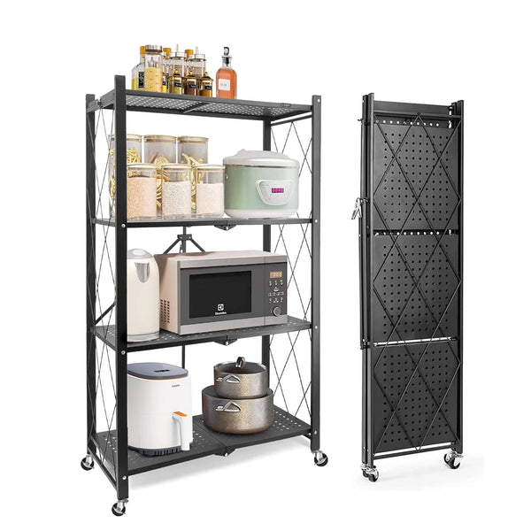 SUGIFT 4-Tier Foldable Storage Shelf, Heavy Duty Metal Shelf, Kitchen Shelf with 3 Hooks, Black