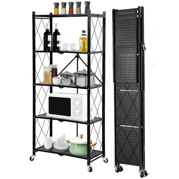 SUGIFT Storage Shelves, 5-Tier Foldable Metal Garage Shelf with Wheels, Kitchen Shelf with 3 Hooks, Black