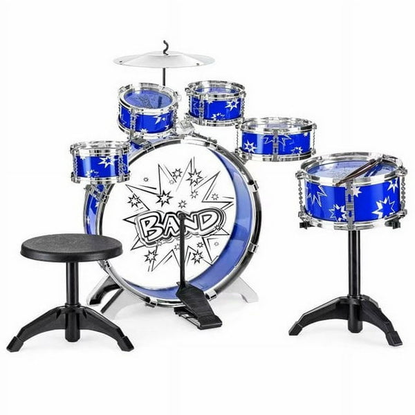 Vebreda 11-Piece Kids Starter Drum Set with Bass Drum, Tom Drums, Snare, Cymbal, Stool, Drumsticks - Blue