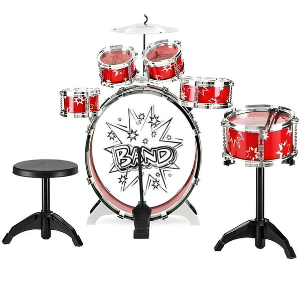 Vebreda 11-Piece Kids Starter Drum Set with Bass Drum, Tom Drums, Snare, Cymbal, Stool, Drumsticks - Red