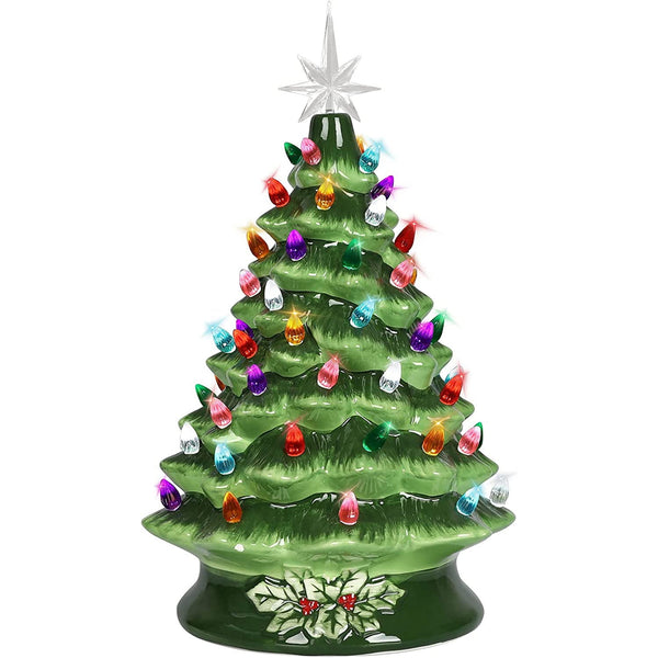 Vebreda 15in Hand-Painted Ceramic Tabletop Christmas Tree with 64 Lights, Green