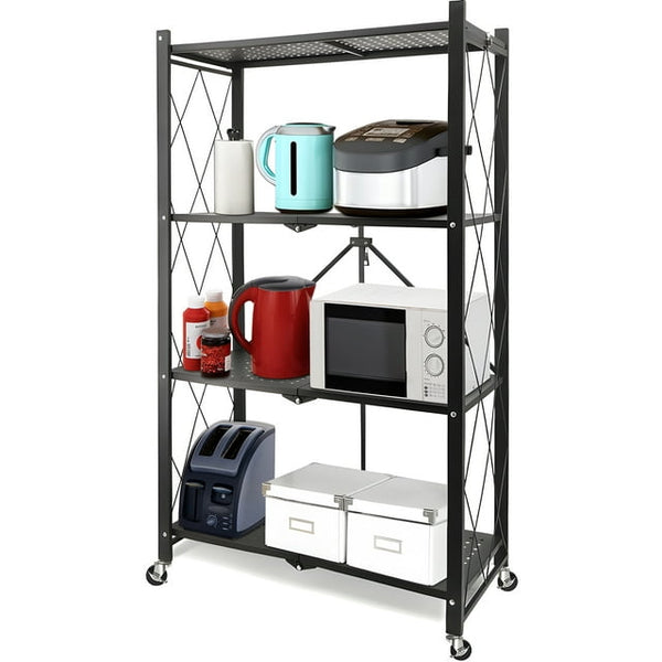 Vebreda 4-Tier Storage Shelf Foldable Metal Shelving Units with Wheels, Black