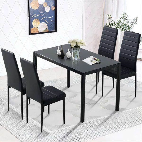 Vebreda 5 Piece Dining Room Table Set, Dining Table Set for 4, Kitchen Table Set with Tempered Glass Table and 4 Faux Leather Chairs