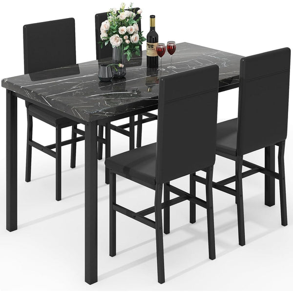 Vebreda 5 Pieces Dining Table Set for 4, Kitchen Room Tempered Glass Dining Table, 4 Faux Leather Chairs Black