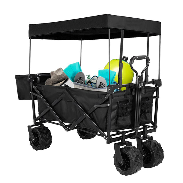 Vebreda Collapsible Wagon Cart with Removable Canopy and Wide Large All Terrain Wheels-Black