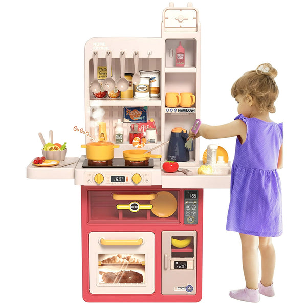 Vebreda Kids Kitchen Playset, Pretend Play Kitchen with Sounds and Lights, Cooking Stove Steam, Play Sink and Play Food, Toy Kitchen Set for Kids Toddlers, Pink