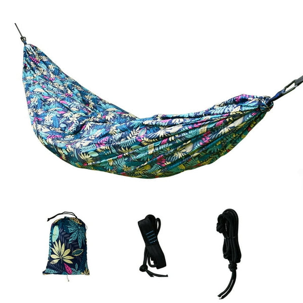 Vebreda Nylon Portable Camping Hammock, Two Person Blue Leaf Print, Assembled Size 124 L x 78 inch W