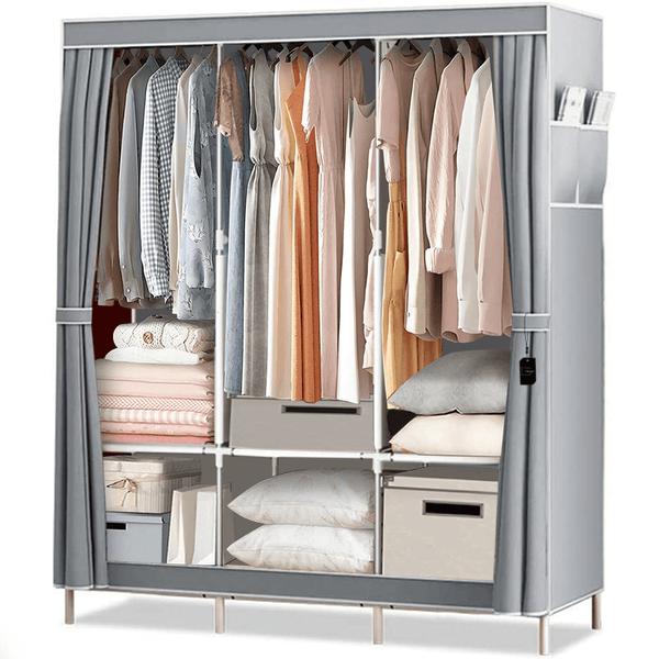 Vebreda Portable Closet Storage Organizer, Clothes Rack with Dustproof Non-woven Fabric Cover, Wardrobe Clothes Closet Storage for Bedroom, Gray