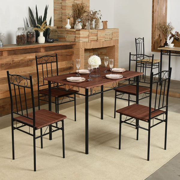 Vebreda Traditional 5-Piece Metal Dining Set for Dining Room, Deep Walnut