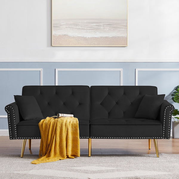 Vebreda Modern Velvet Tufted Sofa Couch with 2 Pillows and Nailhead Trim, Black