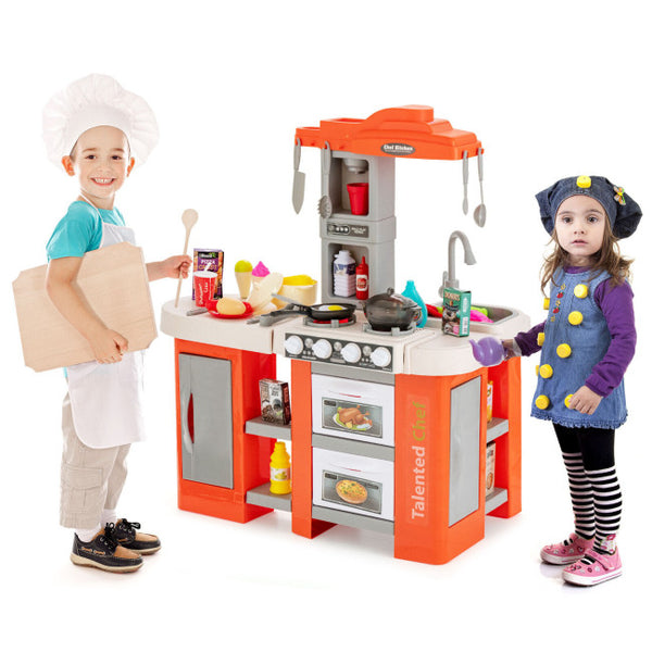 Vebreda 67 Pieces Play Kitchen Set for Kids with Food and Realistic Lights and Sounds , Orange