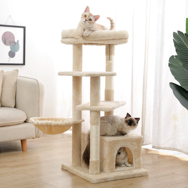 Vebreda Cat Tree for Indoor Cats, 42 Inches Multi-Level Cat Tower with Sisal Covered Scratching Posts, Spacious Condo, Cozy Hammock and Plush Top Perch£¬Beige