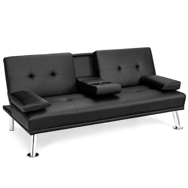 Vebreda Convertible Folding Leather Futon Sofa with Cup Holders and Armrests , Black