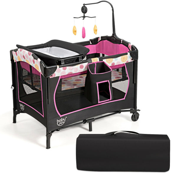 Vebreda 3-in-1 Convertible Portable Baby Playard with Music Box and Wheel and Brakes PINK