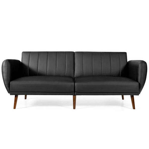 Vebreda? Convertible Futon Sofa Bed PU Adjustable Couch Sleeper with Wood Legs , Black