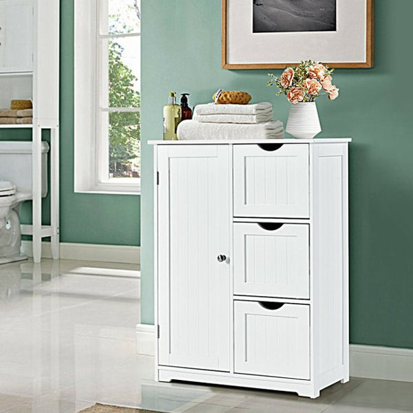 Vebreda Bathroom Floor Cabinet Side Storage Cabinet with 3 Drawers and 1 Cupboard White