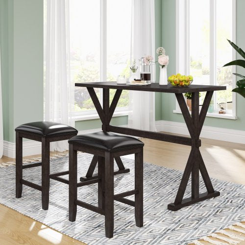 Vebreda 3-Piece Wood Kitchen Dining Table Set with 2 Stools, Counter Height for Small Places, Brown Finish+Black Cushion