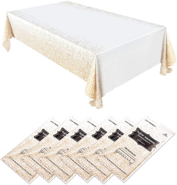 Vebreda 6 Pack Disposable White Plastic Tablecloth Set Long 8ft Rectangular Length| Waterproof Table Covers for Indoor or Outdoor Events