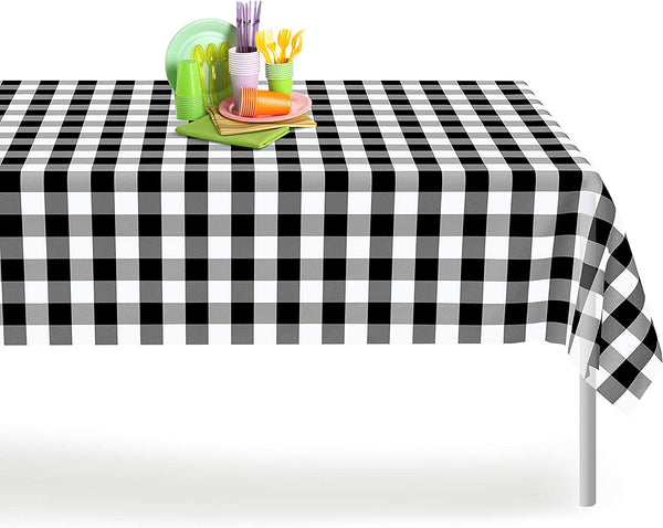 Vebreda Black Checkered Gingham 6 Pack Premium Disposable Plastic Tablecloth For Parties 54 Inch x 108 Inch