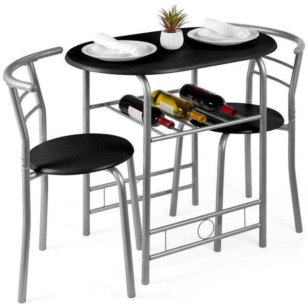 Vebreda 3 Piece Wood Dining Room Round Table Chairs Set with Steel Frame Built In Wine Rack  Black and Silver