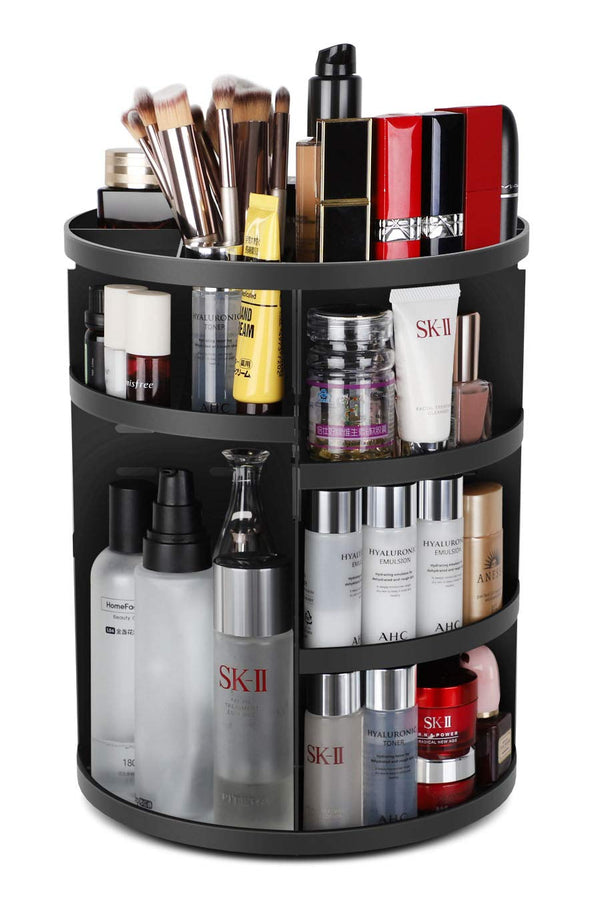 Vebreda 360 Rotating Makeup Organizer,? Large Capacity Cosmetics Storage Box Vanity Shelf Countertop, Fits Makeup Brushes, Lipsticks, Black