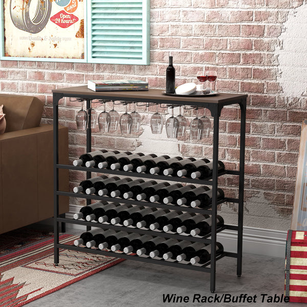 Vebreda Rustic 40 Bottles Kitchen Dining Room Metal Floor Free Standing Wine Rack Table with Glass Holders