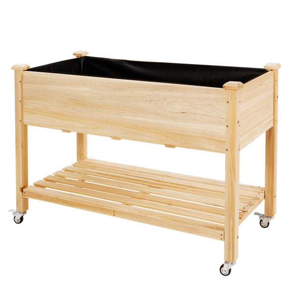 Vebreda Wood Elevated Planter Bed with Lockable Wheels Shelf and Liner