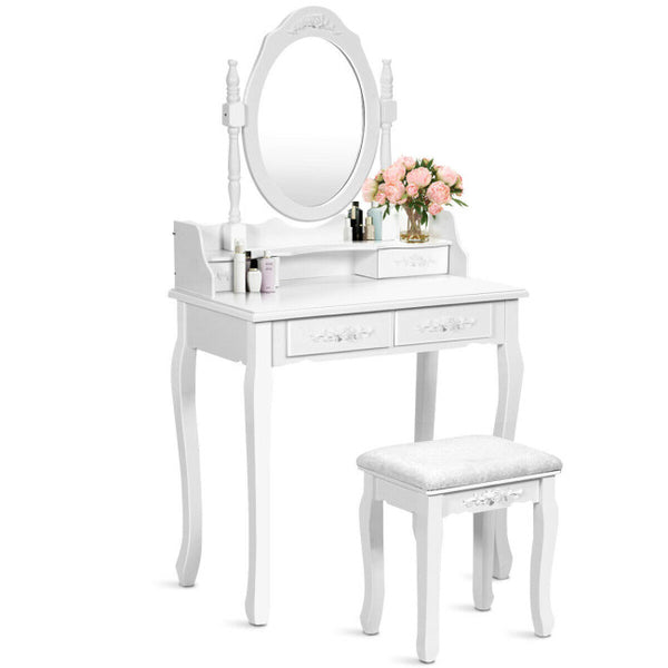 Vebreda Wood Vanity Table Set with Oval Mirror and 4 Drawers for Kids Girls Women